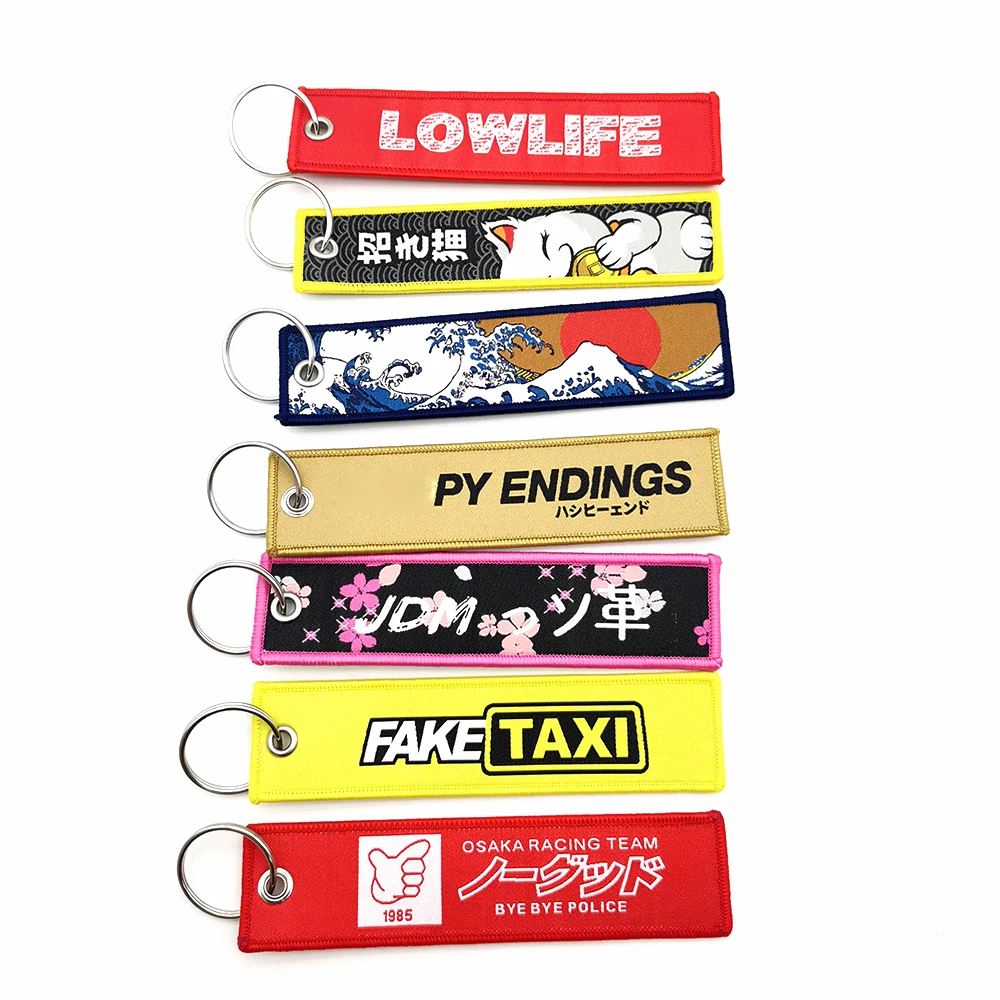 Newest JDM Keychain Car Culture Fashion Tags Embroidered Short Cloth Rectangle Polyester Auto Holder Charm KeyRing Fake Taxi