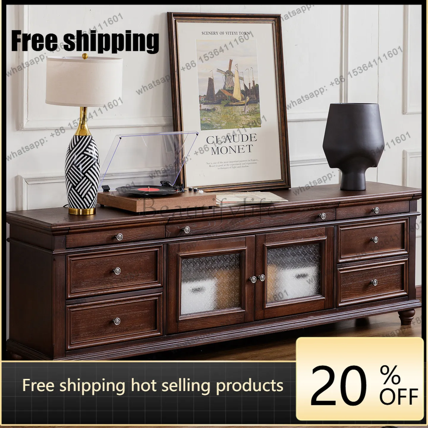 

XX American solid wood TV cabinet classical old ash wood retro double door drawer floor cabinet