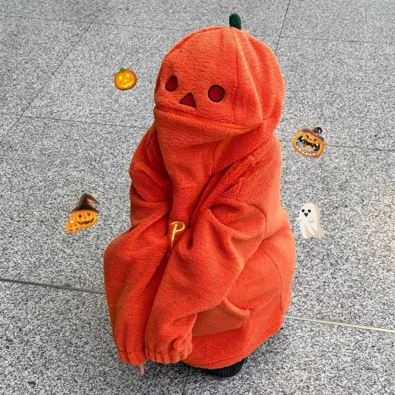 2024 Winter New Halloween Party Pumpkin Head Lamb Fleece Hoodie Women Men Unisex Hooded Sweatshirt Embroidery Thicken Streetwear