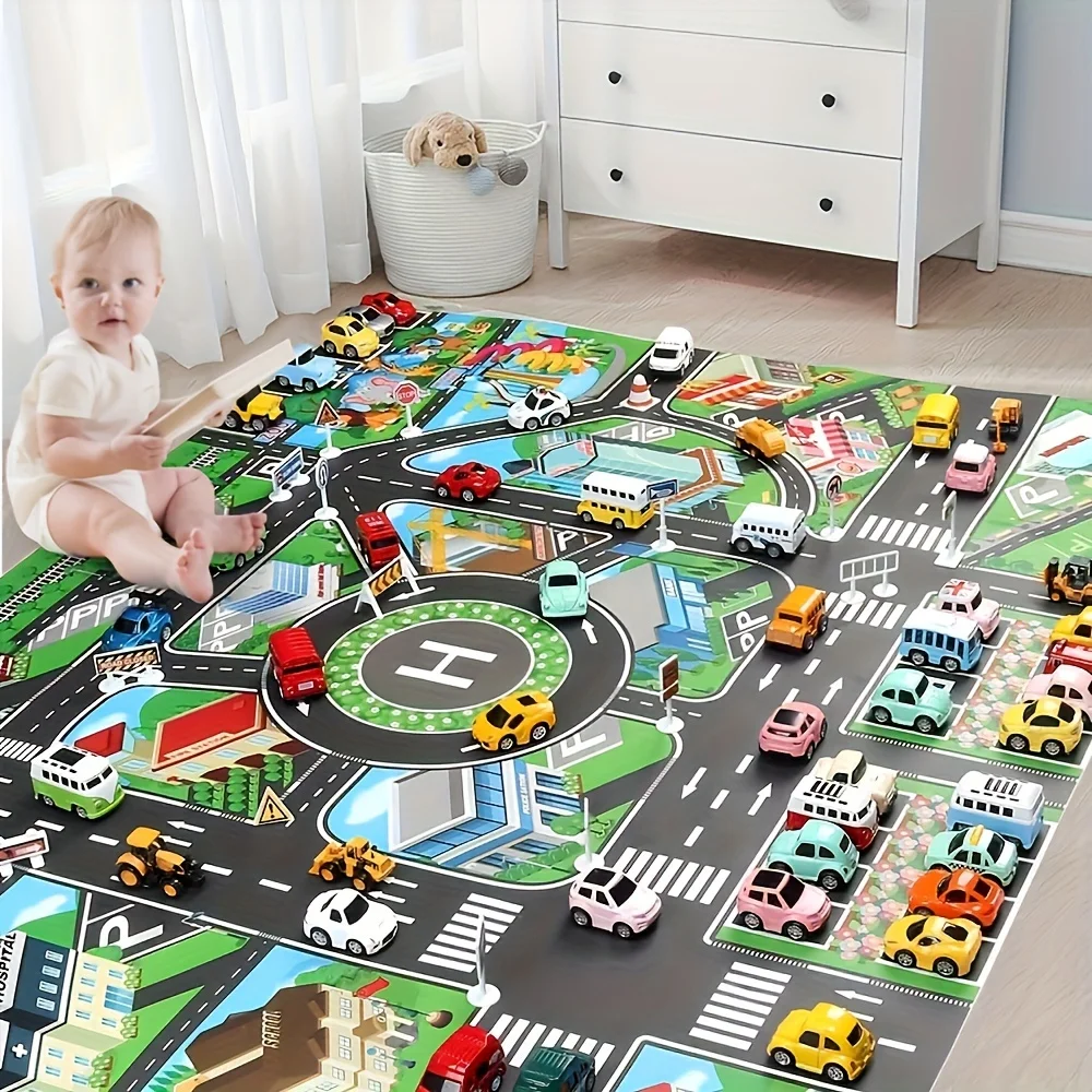 1 Stück, Stadtverkehr-Spielmatte, großes Spielpad, wasserdicht, interaktive Straßenkarte für spielende Kinder mit Spielzeugautos, Lernwerkzeug