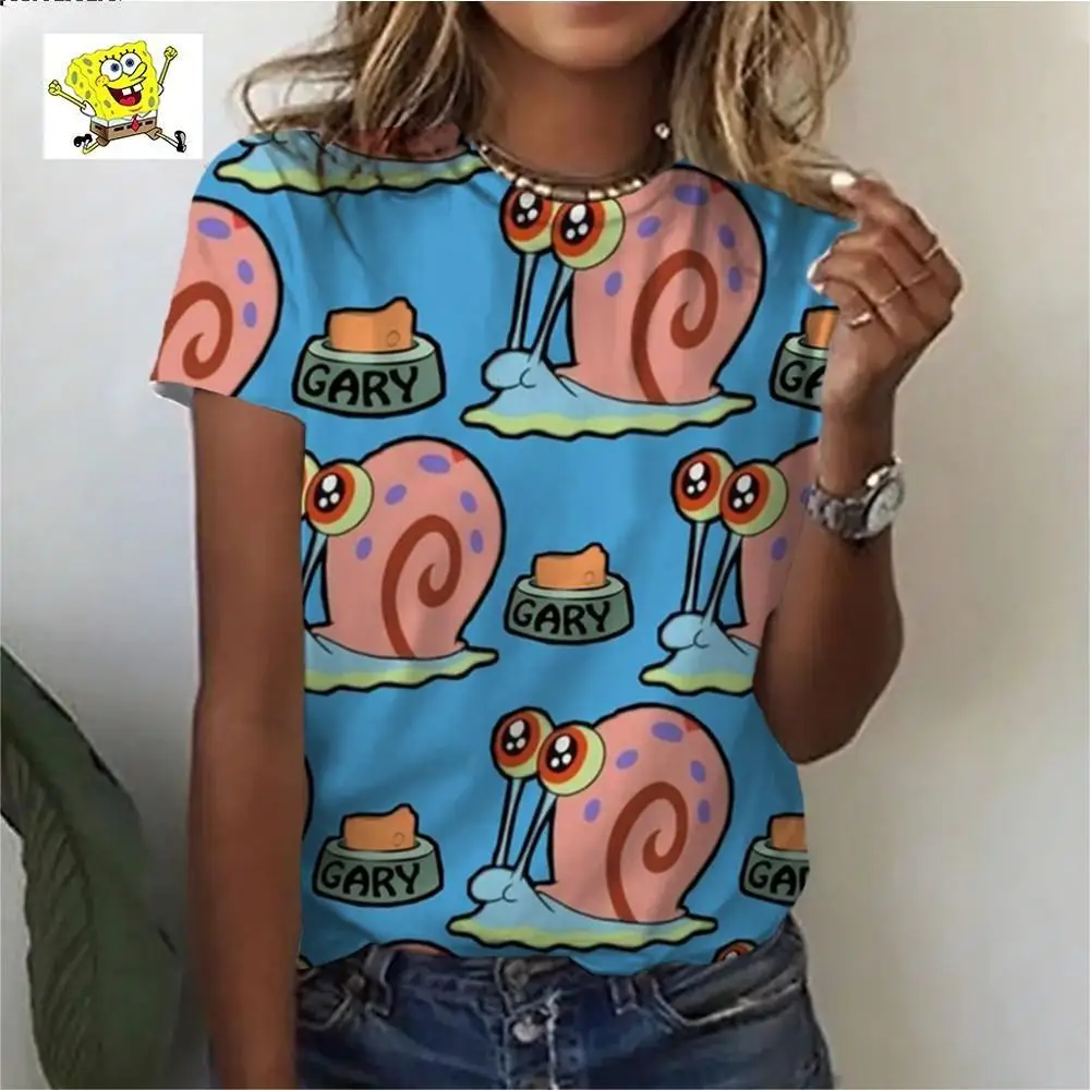 Fashionable and elegant ladies short-sleeved T-shirt 2024 Disney Spongebob cute 3D digital printed O-neck shirt