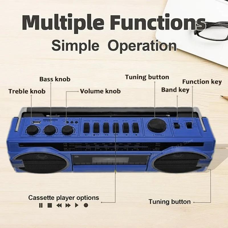 Retro Cassette Radio 3 Band Equaliser Component Level Boombox Stereo Vintage Old Style Recorder Bluetooth Speaker Headphone Jack