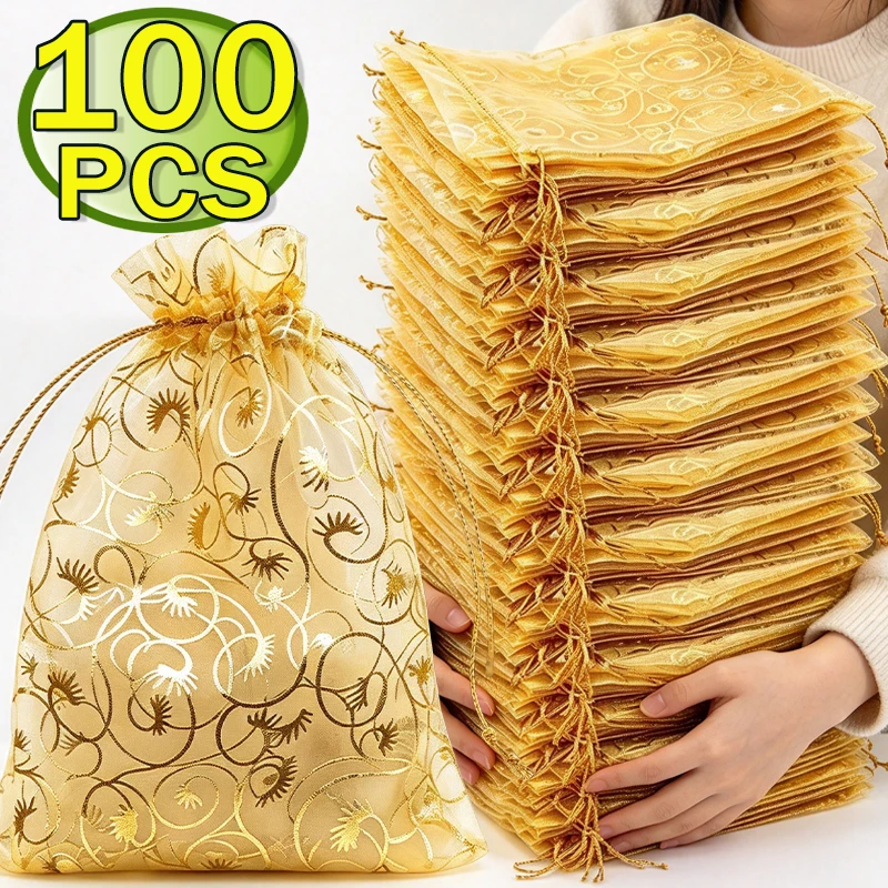 Gold Color Organza Drawstring Bag Jewelry Xmas Gifts Pouches Wedding Party Candy High-end Storage Bag Jewelry Packing Wholesale