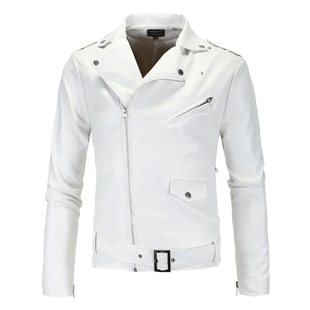 Men Slim White Leather Jackets Oblique Zipper Motorcycle Jackets New Men Outwear Moto Biker