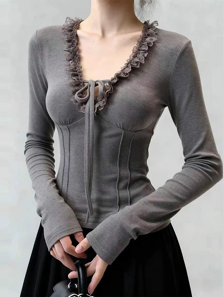 

Casual Warm Gray V-neck T-shirt For Women Retro Lace Spliced Ruffle Trim Cutout Long Sleeve Autumn Layering Tops Bottoming Shirt