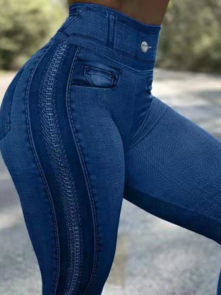 Fitness Leggins Faux Denim Jeans Jeggings neue Mode Reiß verschluss bedruckte Leggings sexy Penci Hosen Sport hose