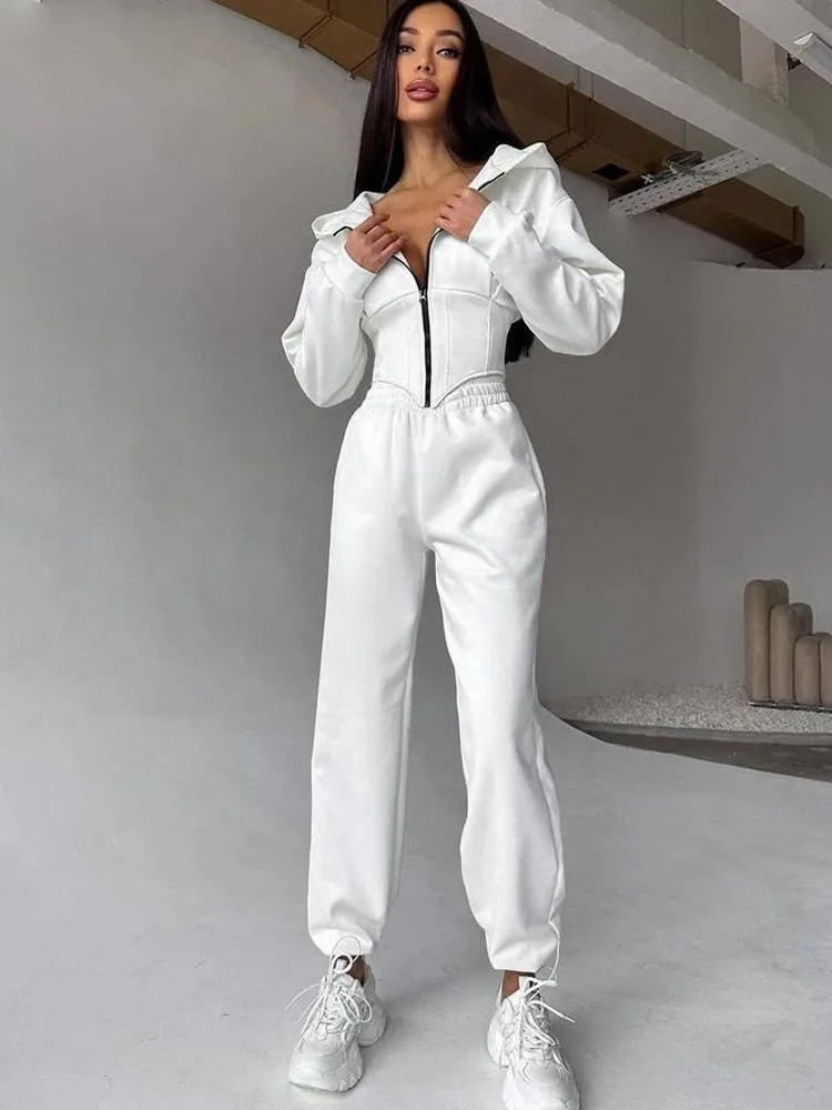 

Spring New Arrival Solid Color Sets Women's Casual Fashion Sport Trousers Set Autumn Hooded Sweatshirt Waist Tighten Two-Piece