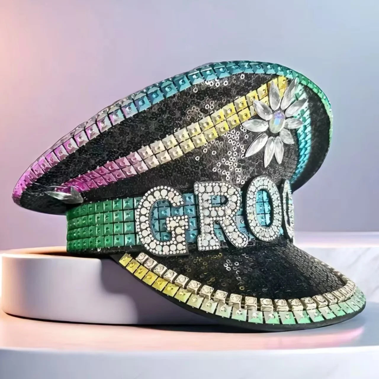 Czapki Kapitańskie HongLuan Black Groom z Cyrkoniami na Festiwal Burning Man, Kapelusz Kostiumowy na Halloween, Akcesoria Cosplay dla Kobiet