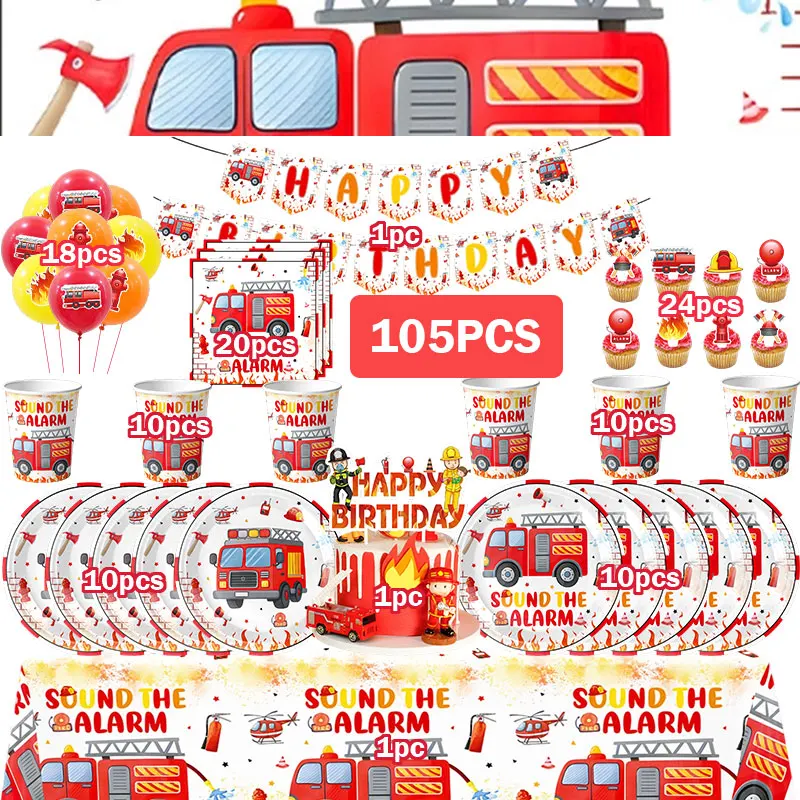 Firefighter Fire Truck Birthday Decoration Party Supplies Set Fire Engine Theme Plates Cake Topper Balloon Backdrop Banner Decor