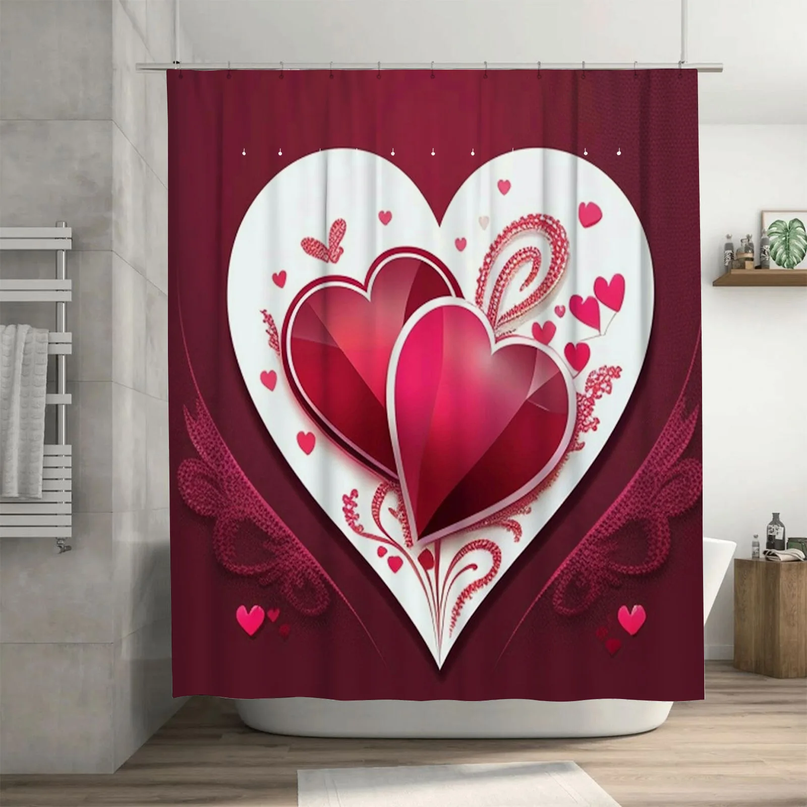 

Elegant Red and White Heart Artistic Waterproof Shower Curtain for Bathroom Decor, High-Quality Material and Easy to Clean