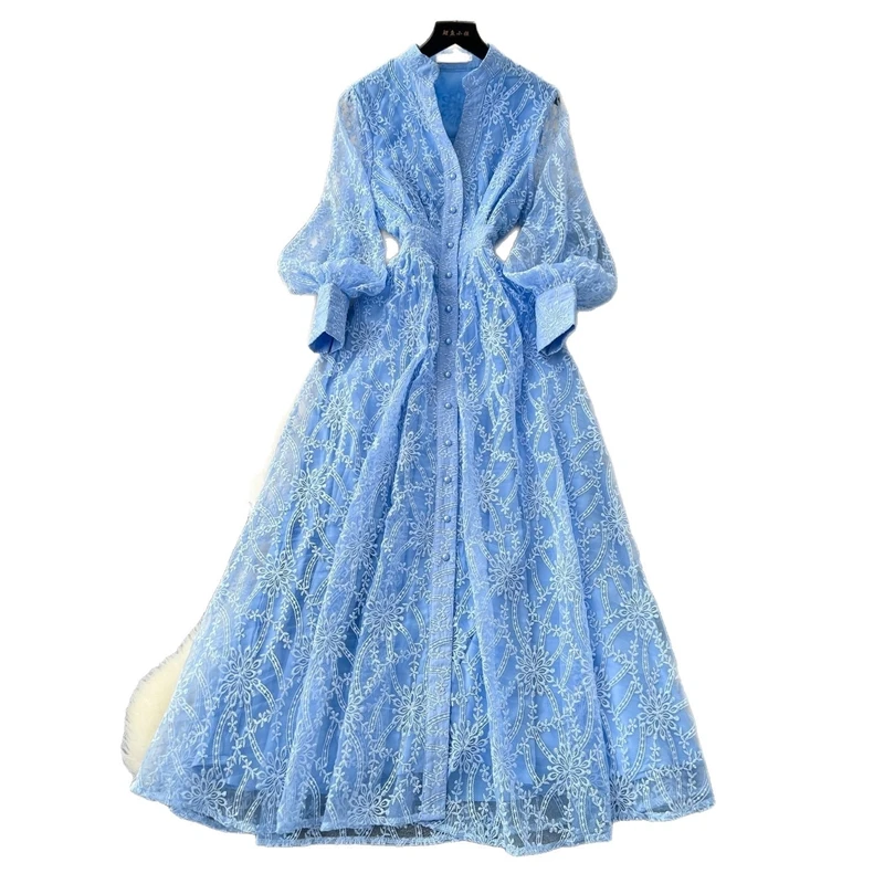 Elegant Formal Evening Floral Maxi Dress Women Long Sleeve Autumn Lace Dresses Female Hollow Out Prom Party Vestido Brand Design