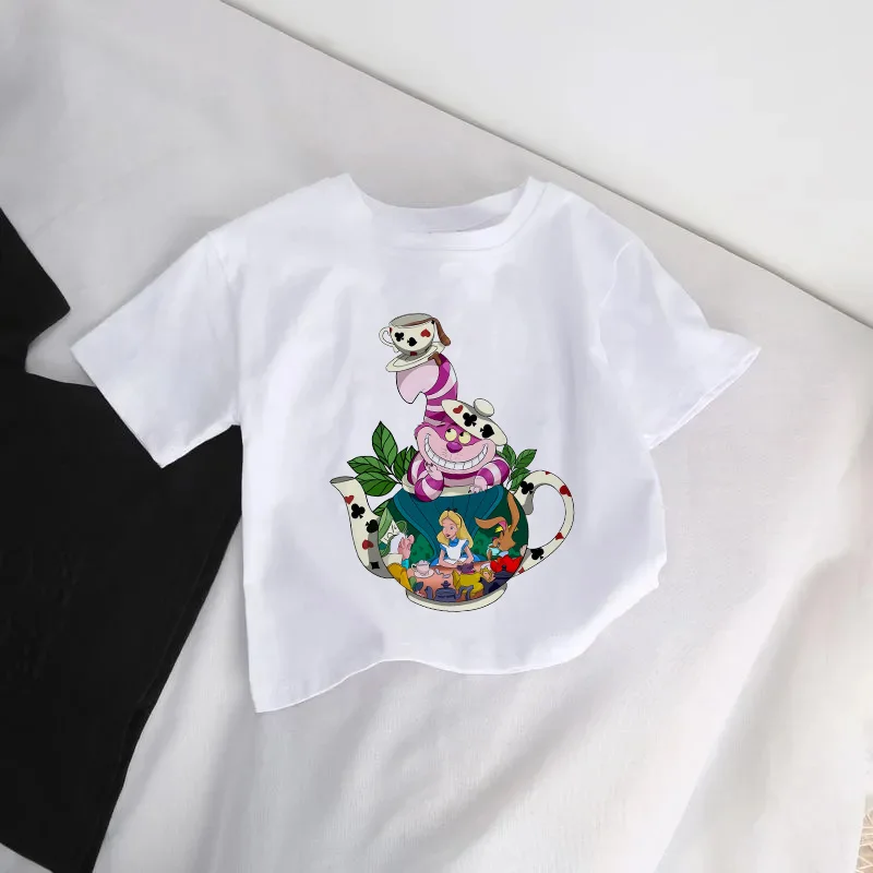 Alice in Wonderland T-shirt 2024 Children Disney Kid Tee Shirt Short Sleeve Casual Clothes Boutique Boy Girl Korean Version Tops