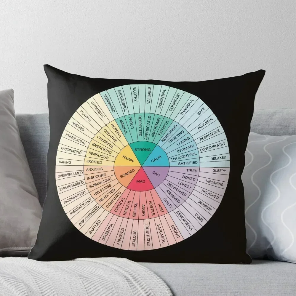 Wheel of Feelings and Emotions on Black - Therapy and Counseling Art - DBT & CBT Gift for Counselor, Therapist and Throw Pillow