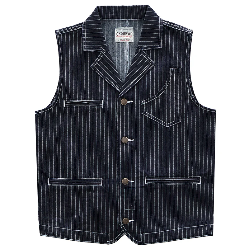 12.5 oz Vintage Vertical Striped Denim Vest for Men Feel Hard American Casual Multi Pockets 100% Cotton Indigo Washed Suit Vest