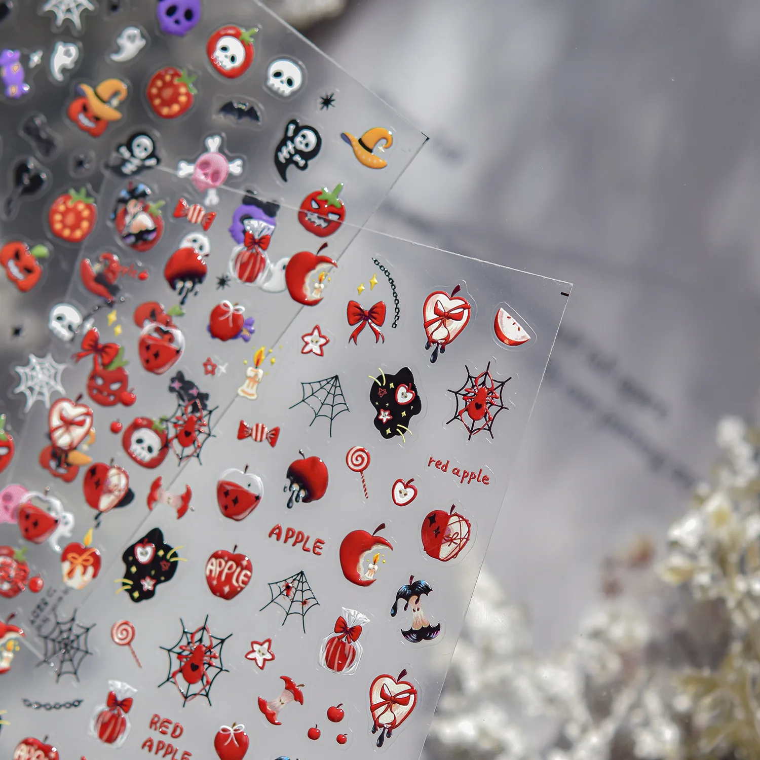 

5D Embossed Nails Sticker Dark Funny Delicious Apple Spider Halloween Stickers Press On Nails DIY Self Adhesive Manicure Decals