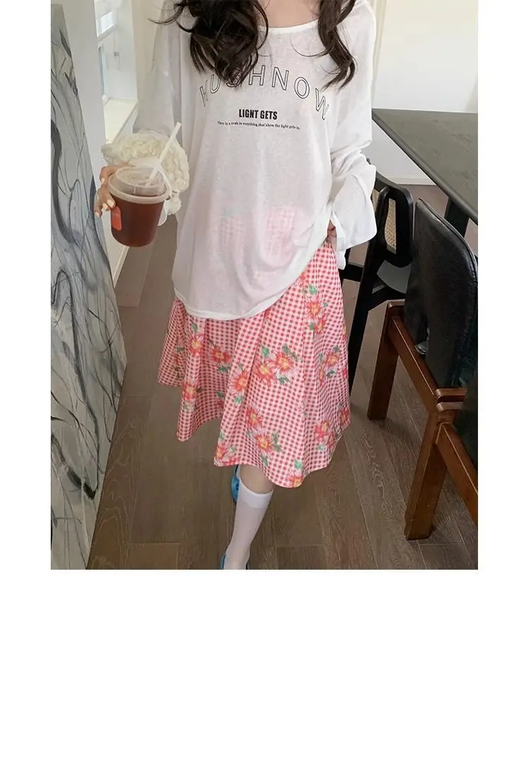 Rural Style Korean Fashion Red Plaid Flower Pattern Skirts Mid Length A-line Full Skirts Sweet Young Women Girls Beautiful Skirt