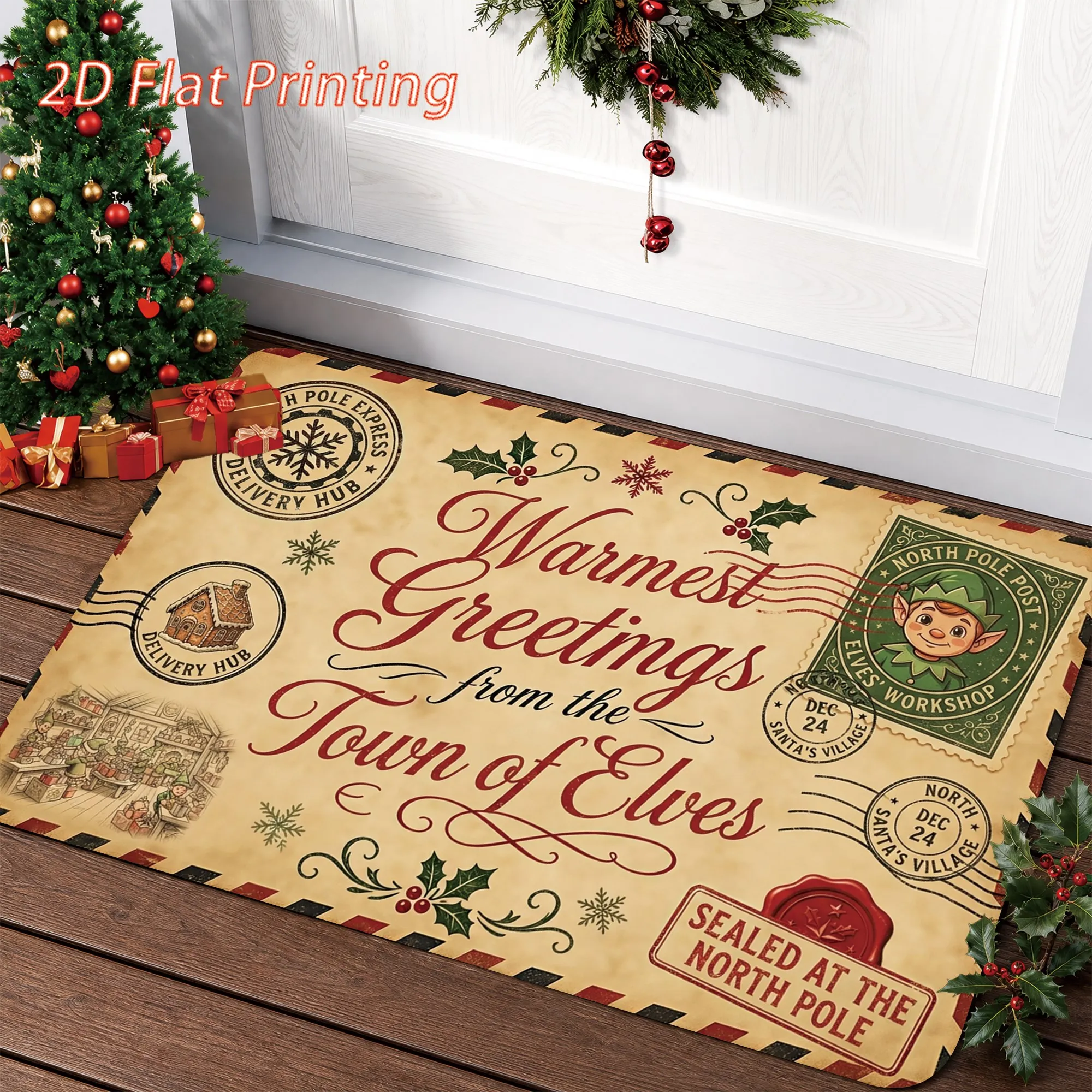 Xmas Watercolor Floor Rug Golden Star Feather Pattern Doormat Festive Holiday Mat for Balcony Front Door House Party Decor