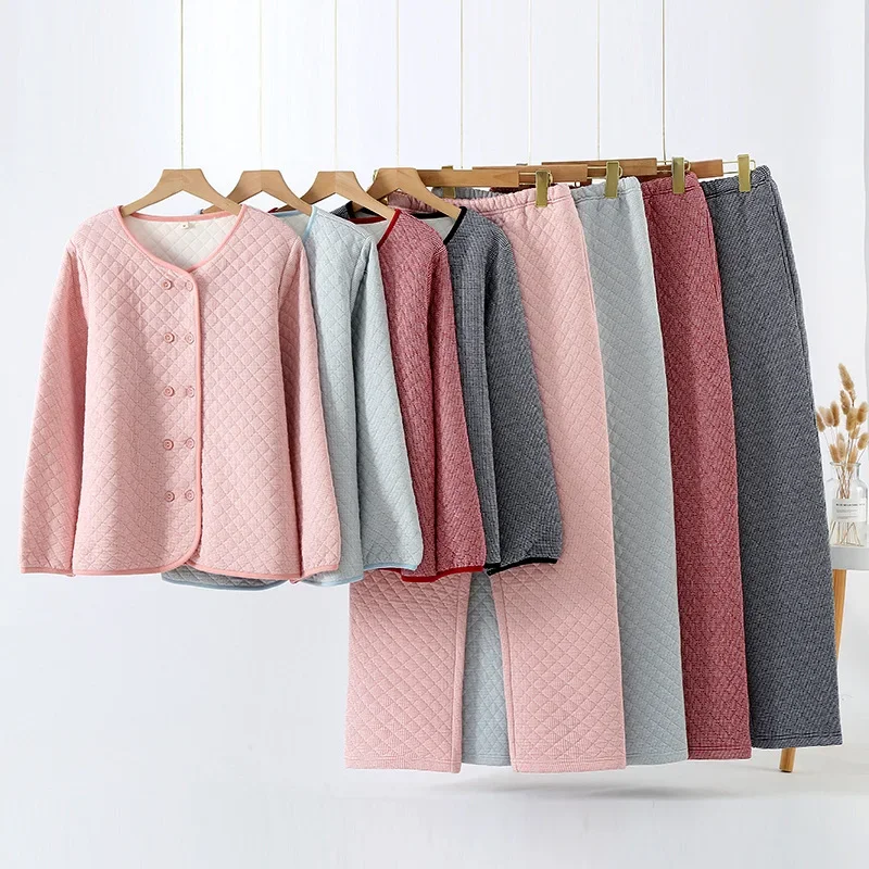 

Women's Cotton Long Sleeve Pajamas Thickened Loungewear Winter Warm Home Furnishing Set Round Neck Double Breasted Sleepwear