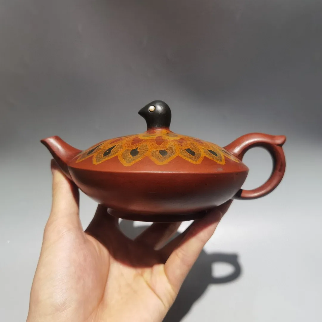 

7"Chinese YiXing Purple Clay Teapot Painted Peacock opens its screen Kettle Teapot Flagon Amass wealth Ornaments Town house