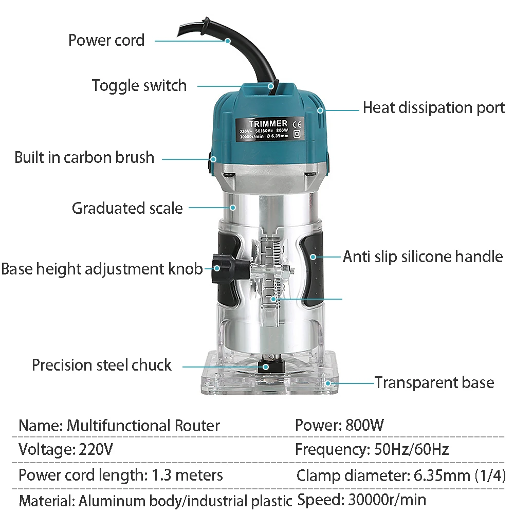 Madeira elétrica Trimmer Router, Handheld Compact Router, Bits Estrada Set, Madeira Fresa Ferramentas, 800W, 30000rpm, 15 Pcs, 1/4"