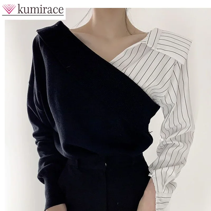 

2023 Korean New Stripe Splicing Contrast Fake Women's Knitted Sweater Long Sleeve Sweater Early Autumn Top Winter Clothes Women