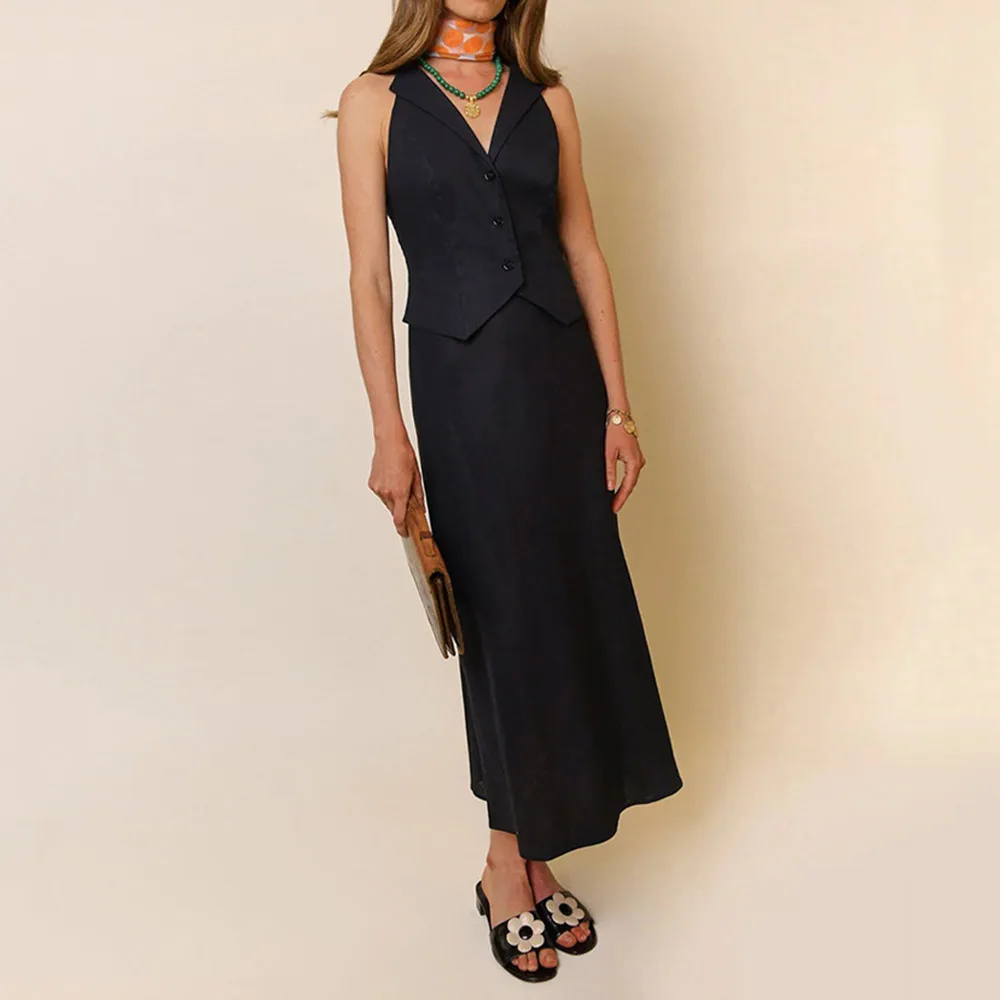 Simple V-Neck Re * Fake Two Pieces Vest Linen Dress Temperament Tie Waist Hanging Neck Sleeveless Long Skirt