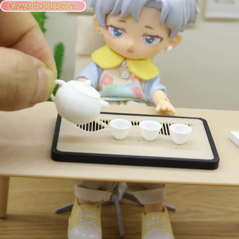 1/12 دمية إبريق الشاي الصغير فنجان الشاي استنزاف مجموعة صينية نموذج دمية المشهد الصغير اكسسوارات الديكور التظاهر اللعب اللعب