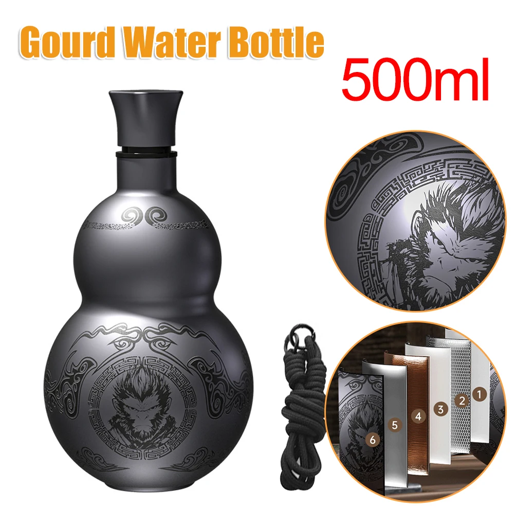 

500ml Gourd Water Kettle 316 Stainless Steel Black Myth Wukong Bottle Leakproof Thermal Insulation Cup for Cold Hot Beverages