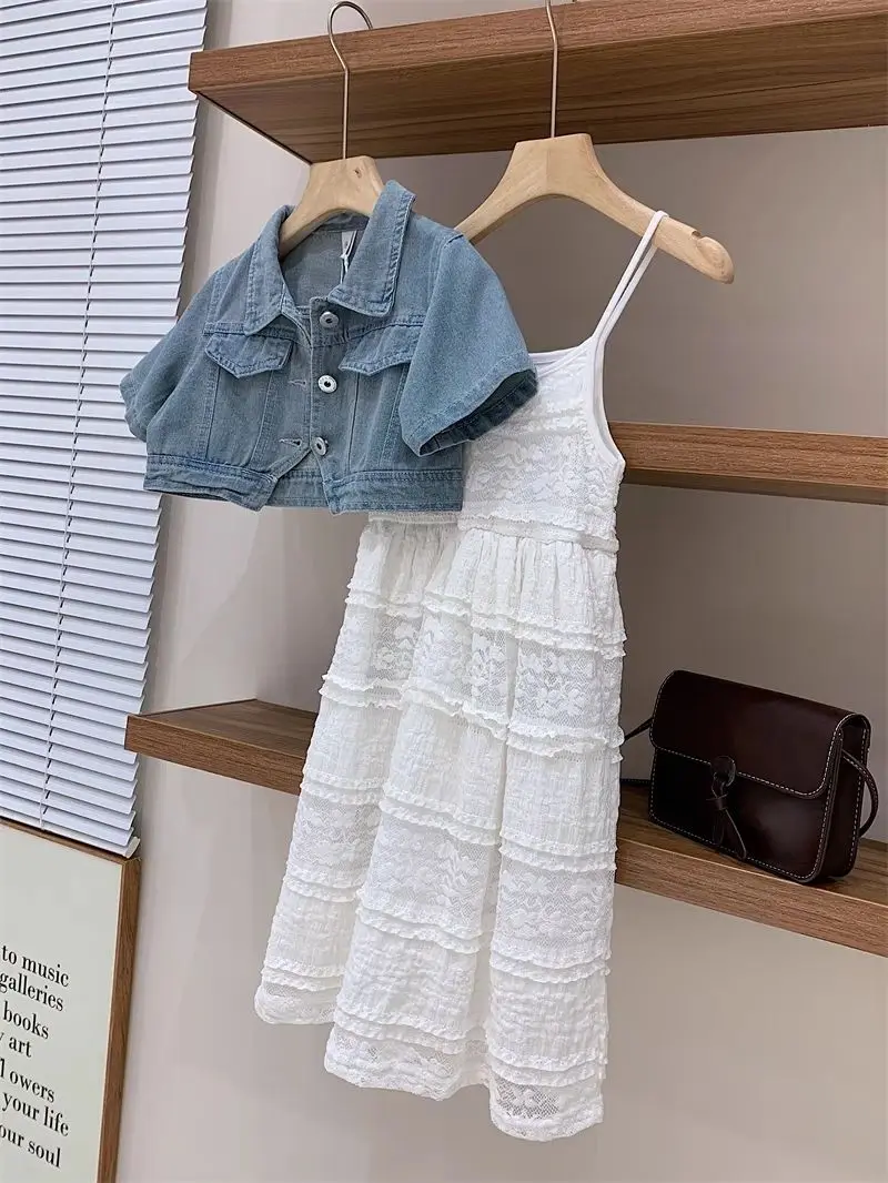 Girls Summer Set New Teenage Girls Bubble Sleeves Short denim cardigan jacket lace suspender skirt set Children's clothing set