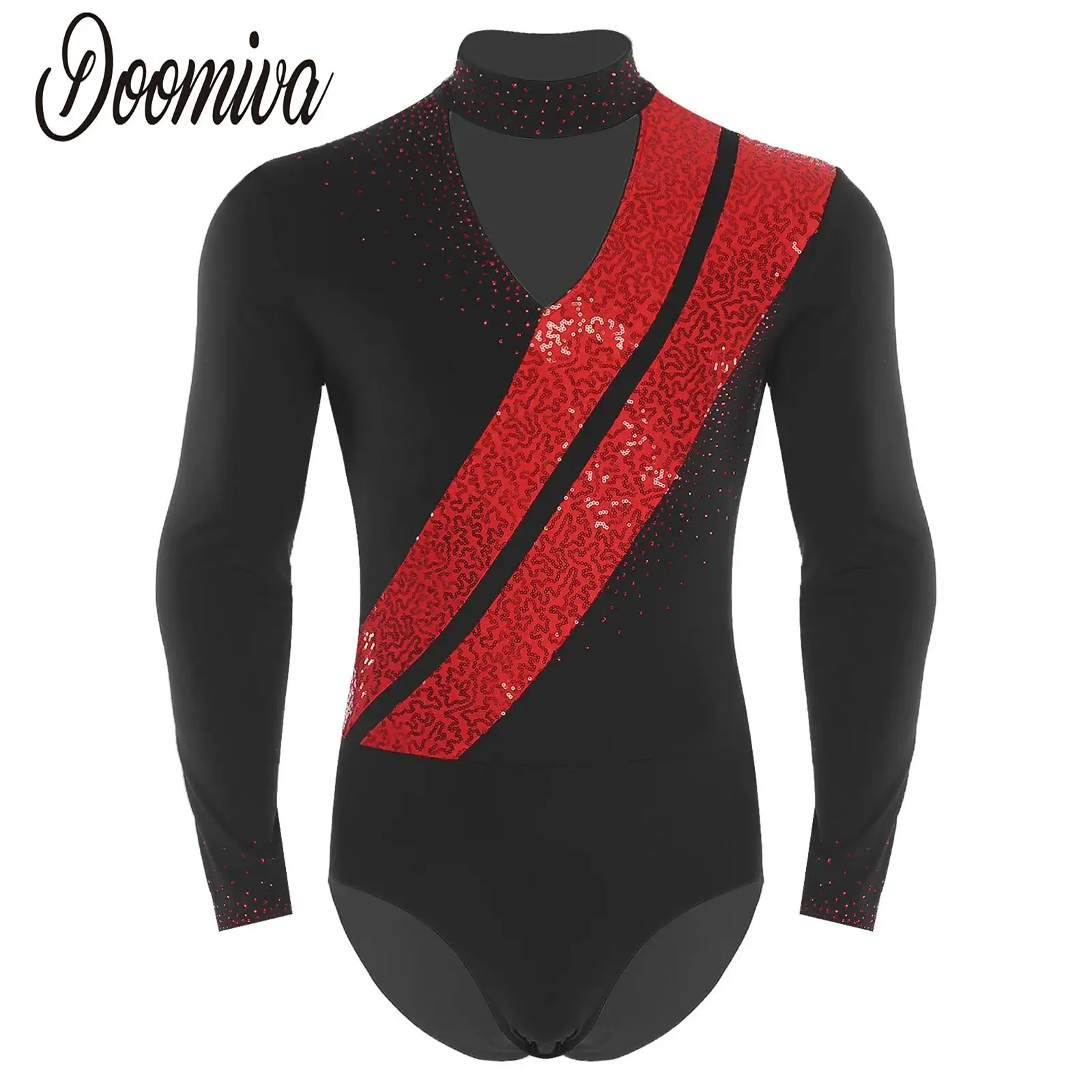 

Mens Jazz Dance Leotards Long Sleeve Glittery Rhinestones Bodysuit Latin Dancewear for Rumba Chacha Ballet Ballroom Dance Shirts