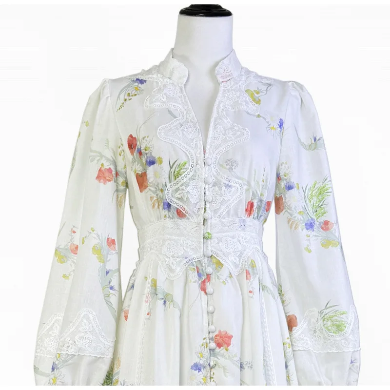 Rétro Vaion imprimé brodé lin lourd Dr V Ne bouton fée longue Dr femmes taille haute une ligne jupe