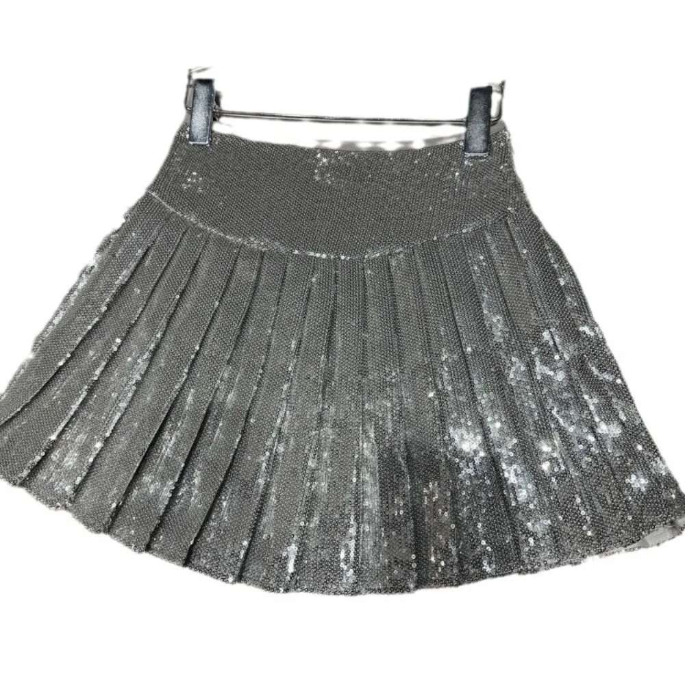 2026 Spring Fall  Girls Sparkly Sequin Pleated A-Line Skirt All-Over Sequin Elastic Waist Fashion Kids Midi Skirt for 100-170cm