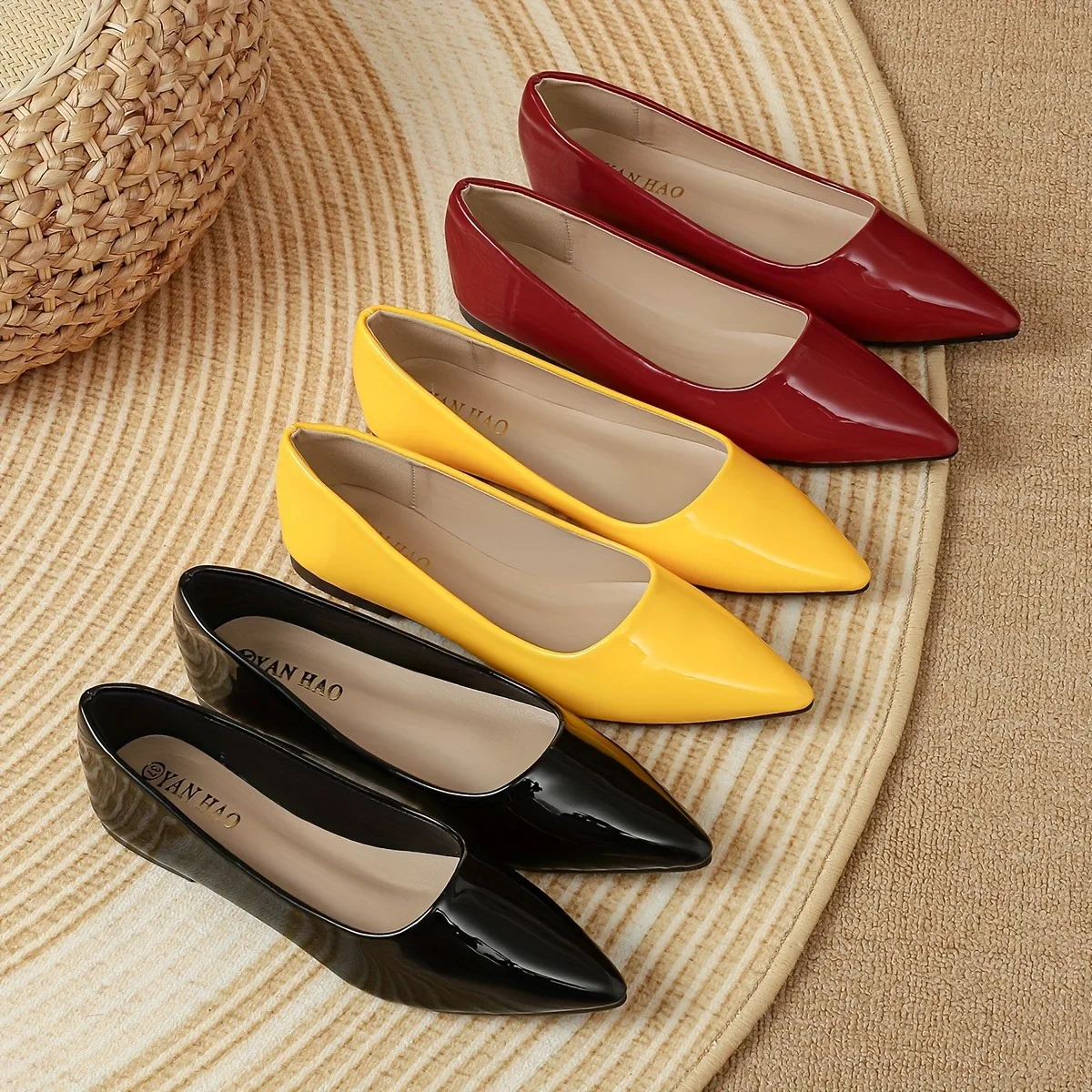 Elegant Yellow Red Flat Bottom  Color Pointed Toe Leather Fashionable Korean Style Versatile Plain Shoes for Women