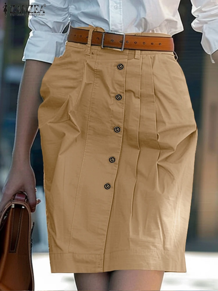 

Elegant Office Lady Skirt ZANZEA Summer Women Fashion High Waist Pleated Faldas Saia Jupe Casual Solid Vestidos Buttons Sundress