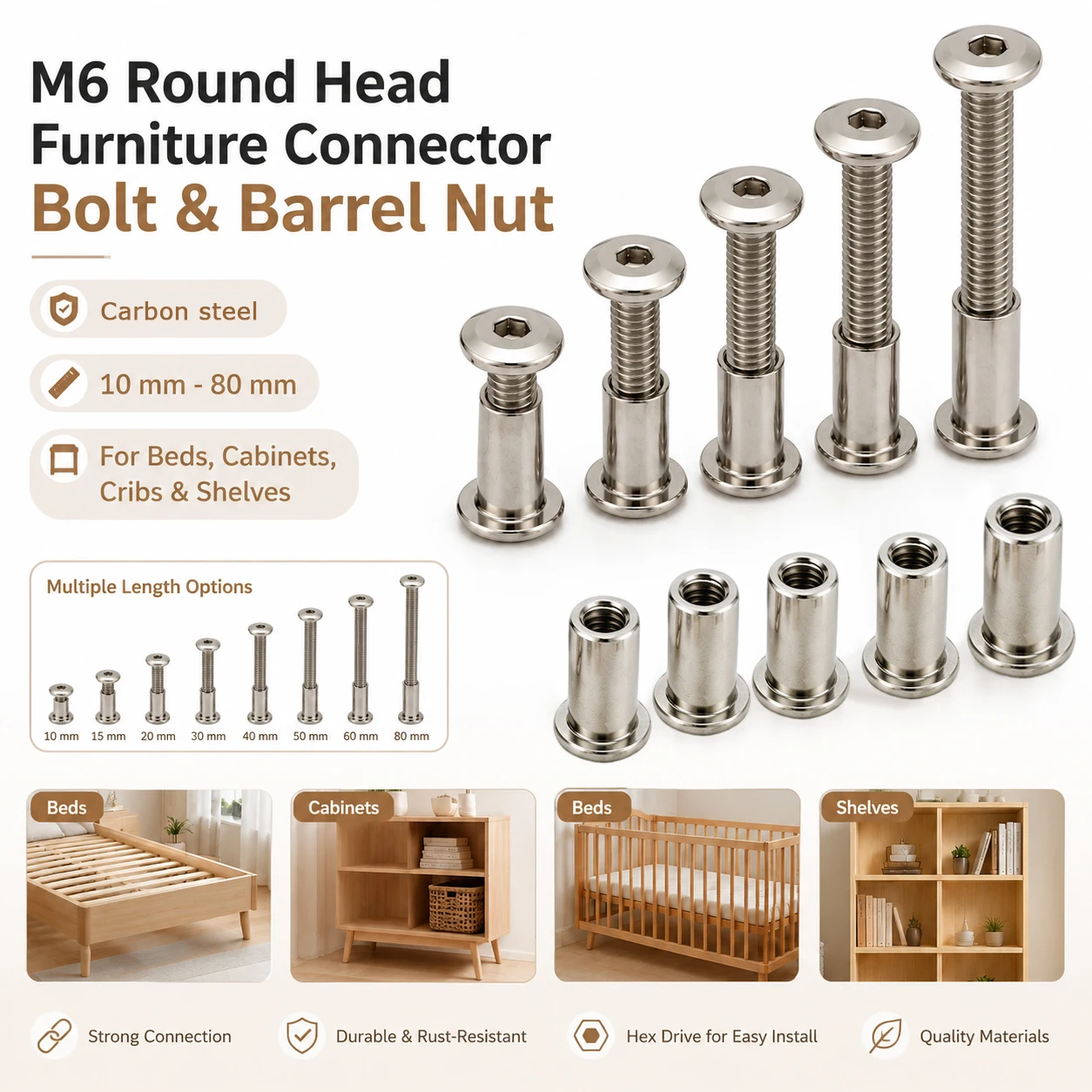 Furniture Hardware Barrel Nut - 5–20 Stück M6 Möbelverbinder-Schrauben und -Muttern