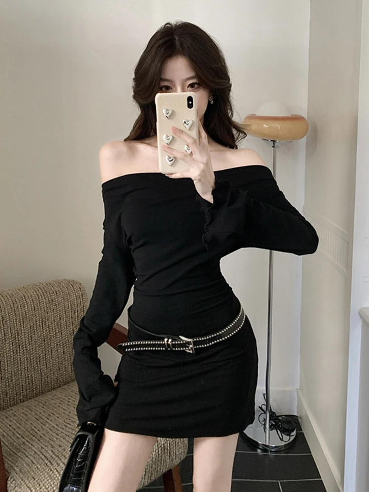 女性の服 Y2K セクシーな黒のスキニードレス シックなオフショルダー 長袖 ベルト ボディコン ショートガウン パーティー ベスティド カジュアル 春