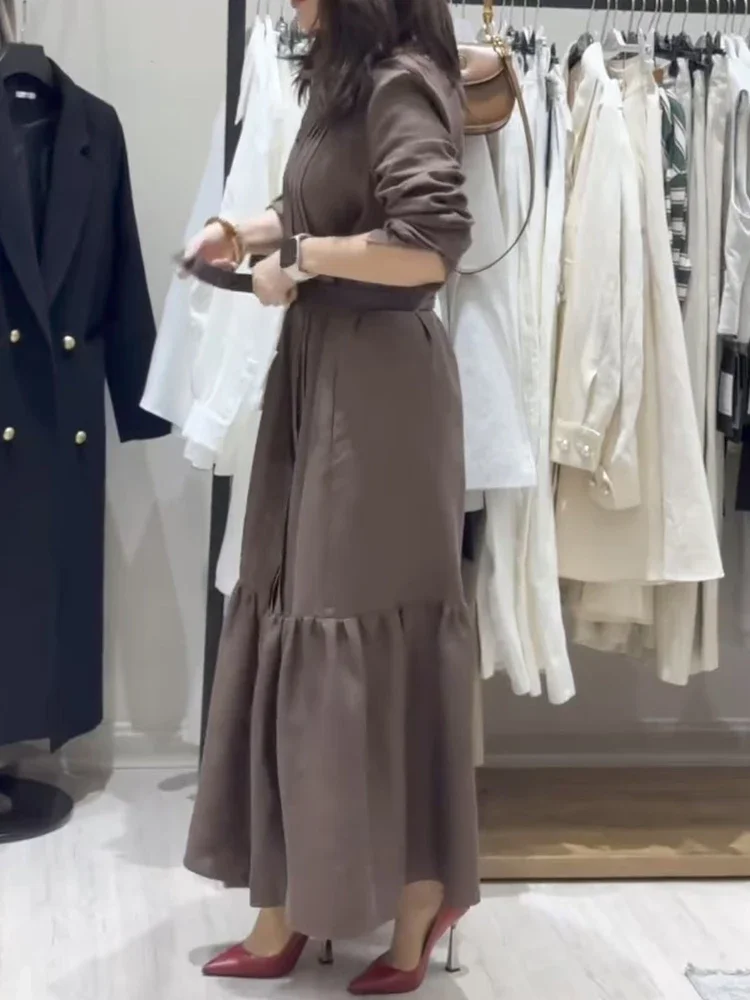 패션 라펠 싱글 브레스티드 셔츠 드레스 여성 캐주얼 긴팔 루즈 파티 드레스 우아한 하이 웨이스트 드레이프 솔리드 롱 드레스