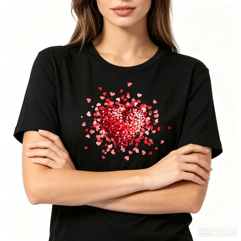 Red Heart Circle Print T-Shirt Women Modal Fabric Loose Crew Neck Tee Love Heart Casual Daily Valentine Streetwear Top
