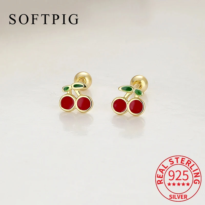 SOFTPIG Real 925 Sterling Silver Fruit Cherry Bead Screw Stud Earrings For Women Cute Fine Jewelry Minimalist Accessories Gift