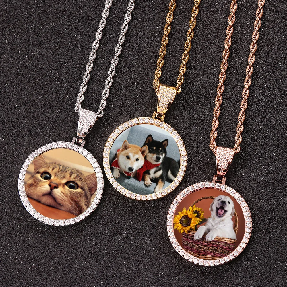 

Ice Out DIY Photo Memory Medallions Pendant Necklaces Hip Hop Sublimation Cubic Zircon Round Pictures Charms Unisex Mens Jewelry