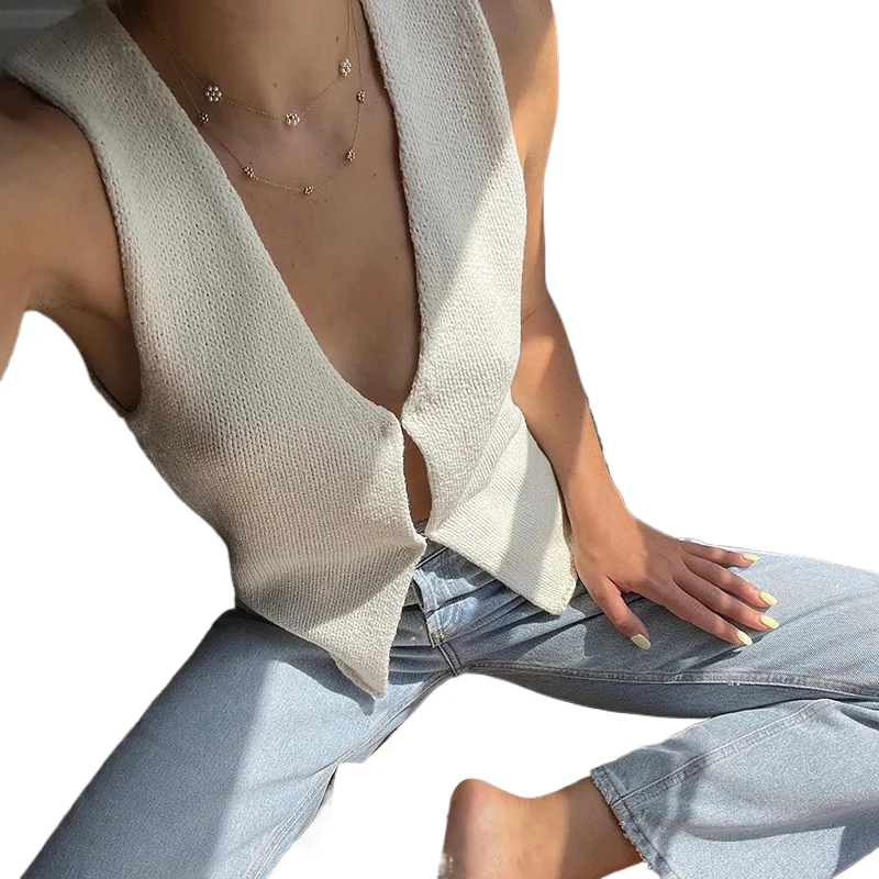 Y2K Knit Open Front Top Summer Sleeveless Trendy Going Out Vest Tops Button Down Crop Vest for Women Vintage Casual Streetwear