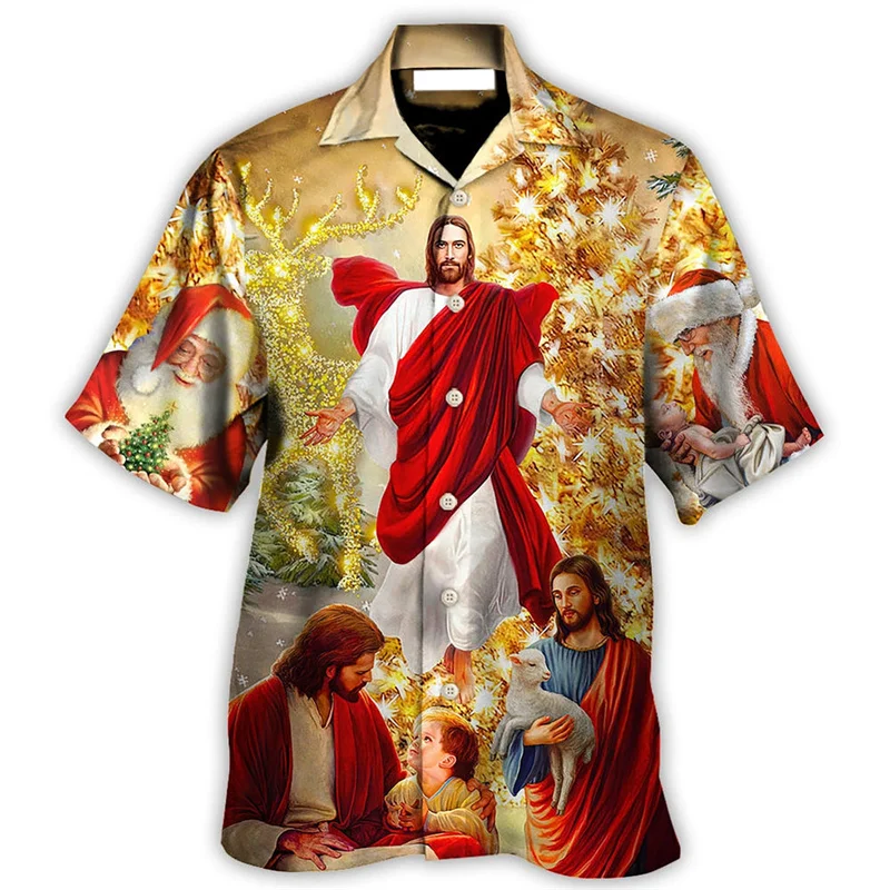 Vintage Jesus Hawaiian Shirt For Men 3D Printed Christianity Button Down Beach Shirts Tops Summer Mens Short Sleeves Blouse Tees