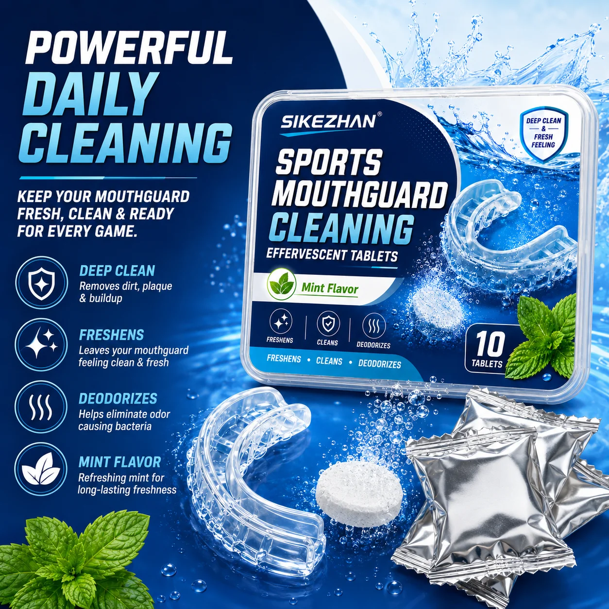 10PCS Sports Mouth Guard Cleaner Tablets Mint Flavor Effervescent Cleaning Tablets for Boxing Football and Athletic Mouthpieces
