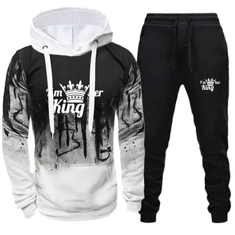 

Men Tracksuit Printed Spring Autumn Fleece Hoodies and Pants Two Piece Set Casual Warm Fashion Sport New Male Suit