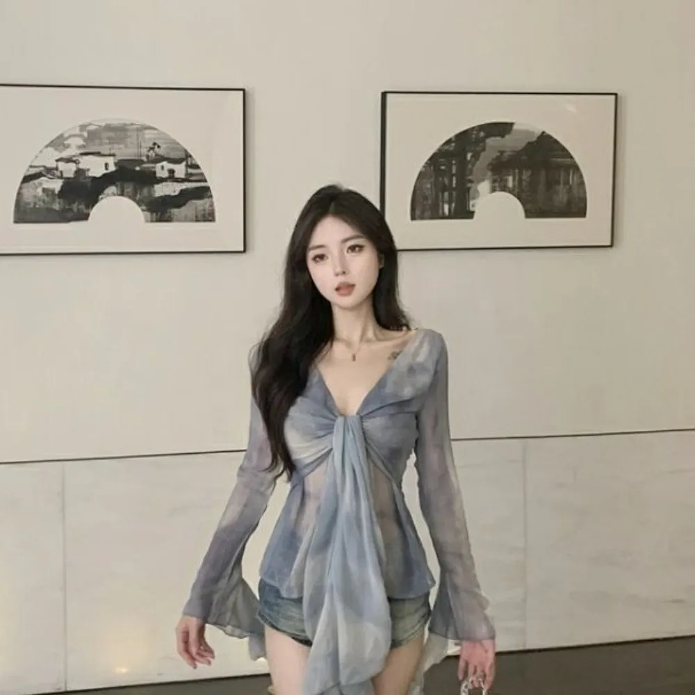 스트리트웨어 해파리 메쉬 벨트 티셔츠 엘프 긴팔 한국 Y2K 슬림핏 크롭탑 플리츠 칼라 투명