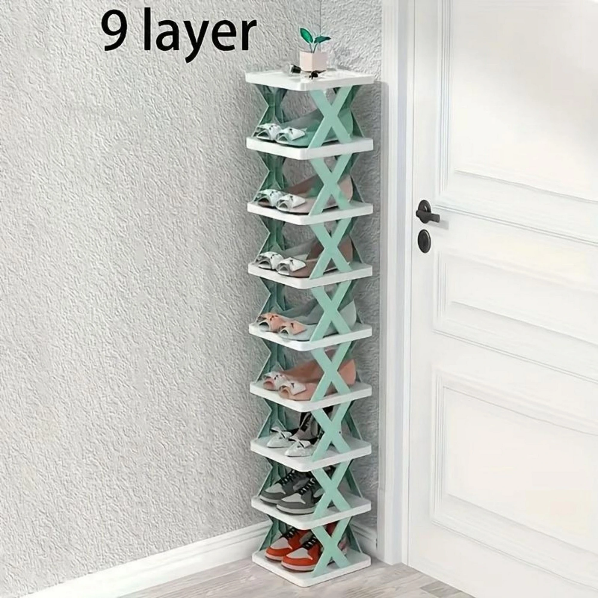 9-Layer Stackable Shoe Cabinet, Green Ultra-Thin Shoe Rack, Suitable for Small Spaces