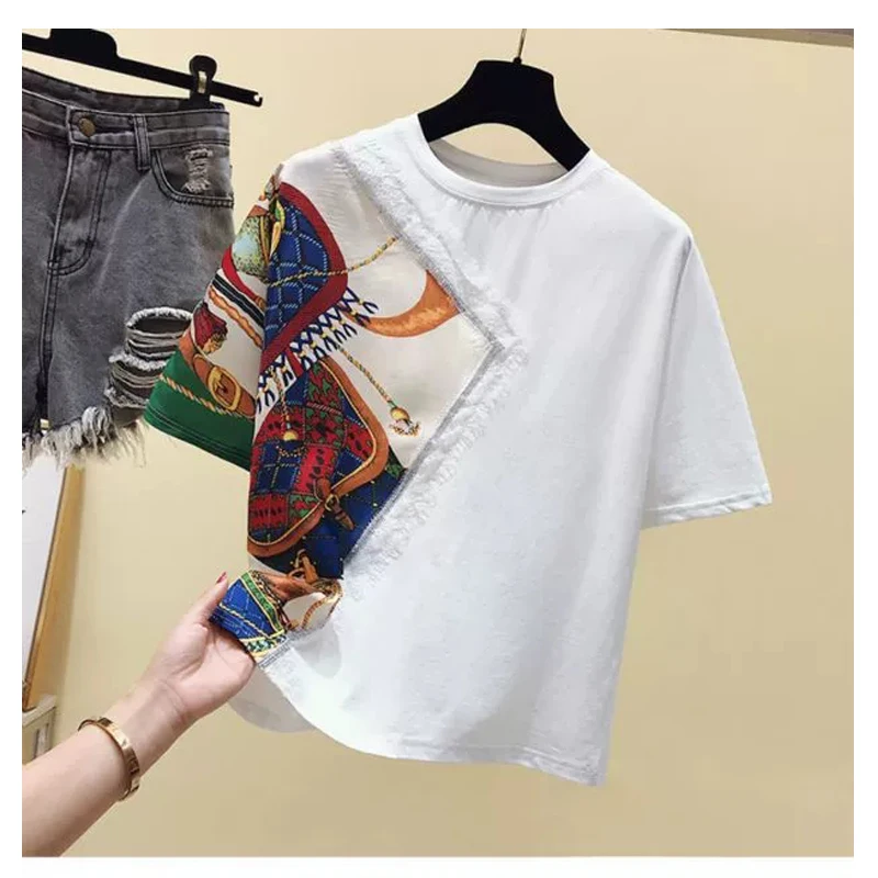 Women’s Summer T Shirt Special Design New Brand Nice Blouse Top Diamond and Lace Trim White Shirt Crewneck Casual Street Tee Top