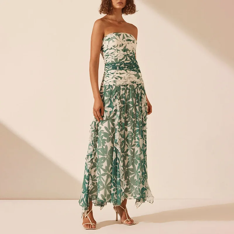 Elegante Bloemenprint Geplooide Feestjurk Vrouwen Sexy Strapless Mouwloos Off Shoulder Hoge Taille Rugloze Maxi Prom Gala Jurken