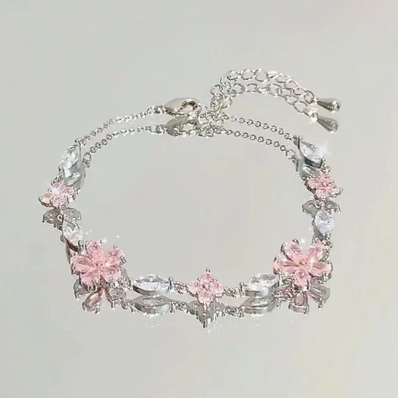 Elegant Crystal Flowers Bracelet For Women Y2K Sweet Girls Moon Cherry Blossom Bow Zircon Bracelets Luxury Designer Jewelry Gift