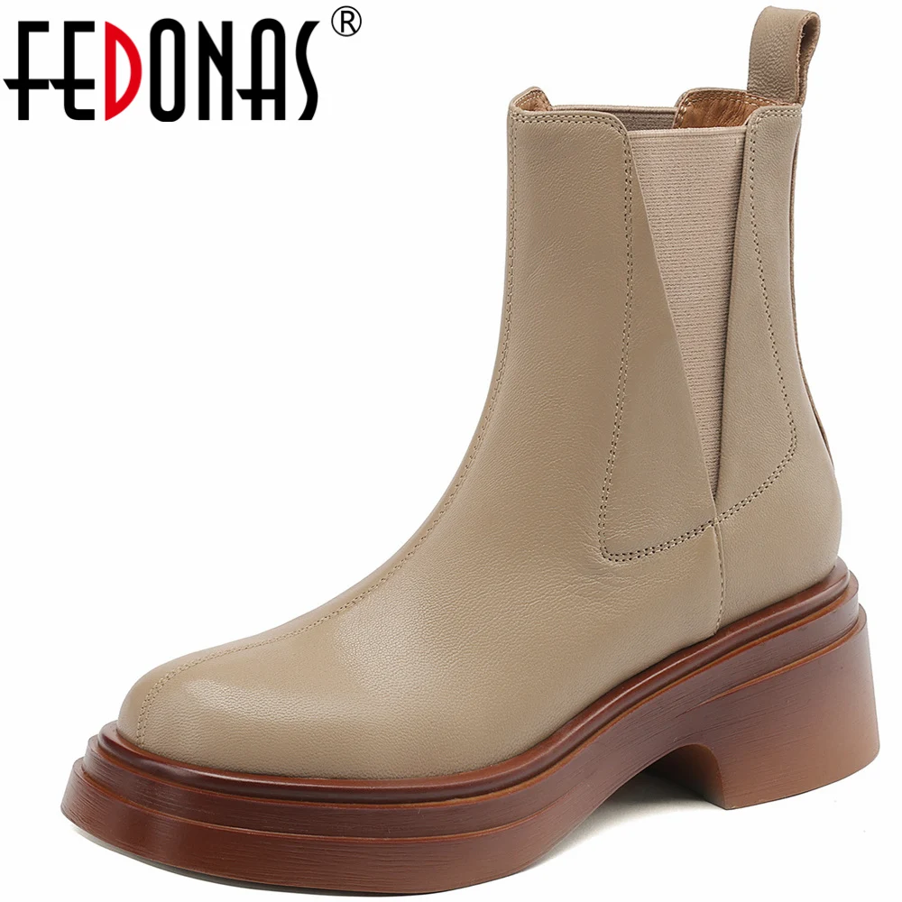 FEDONAS Basic Leisure Casual Women Short Boots Genuine Leather High Quality Thick High Heels Autumn Winter Shoes Woman Outdoor